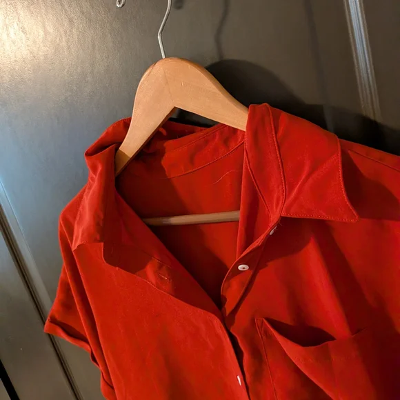 Red Short-Sleeve Button-Up Shirt - Women's Top - Picture 2 of 5